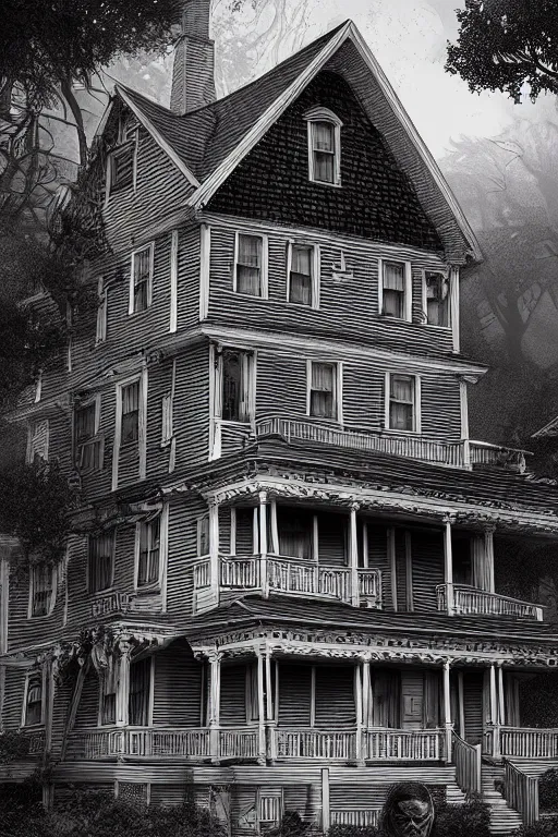 Prompt: line art of the amityville horror house, highly detailed, photorealistic, artstation, smooth, sharp focus, illustration, unreal engine 5, 8 k, art by art by artgerm and greg rutkowski and edgar maxence