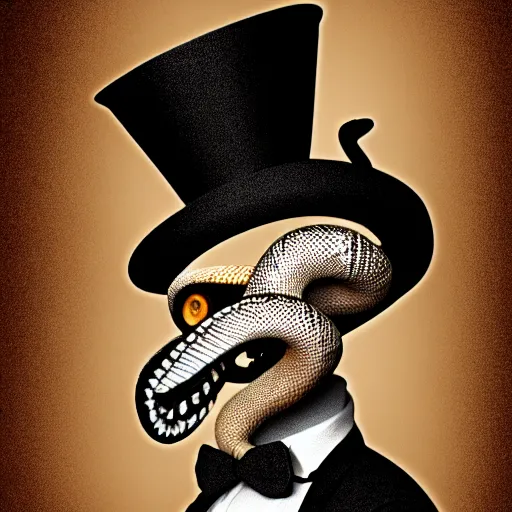 Prompt: snake man in top hat, photo, detailed, 4k