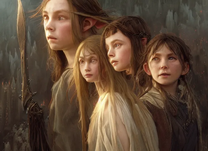 Image similar to a dramatic highly detailed render of the kids of Galadriel and Uruk-hai, Middle-earth , by WLOP and Artgerm and Greg Rutkowski and Alphonse Mucha, Beautiful dynamic dramatic dark moody lighting, shadows, cinematic atmosphere, Artstation, Octane render, 8K, masterpiece, sharp focus, hyperrealistic, photograph