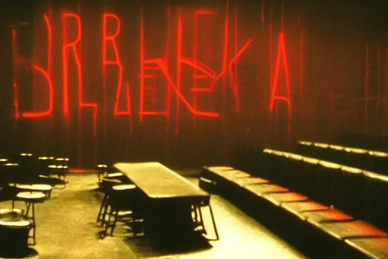 Image similar to a dark conference auditorium with a small crowd, atmospheric and obscure, red neon light, by roger deakins, cinematography, syd mead, dave mckean