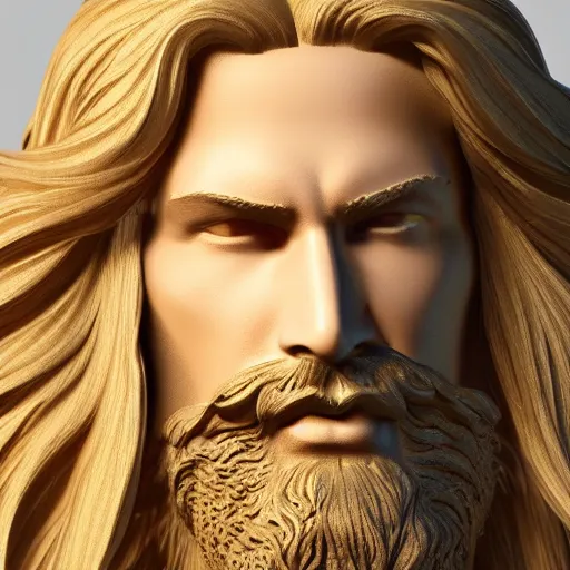 Image similar to a flawless, purely golden man with long hair, with trimmed beard, completely expressionless, casting golden light. entirely golden statue, extremely detailed, full-body statue, award-winning art, trending on Artstation