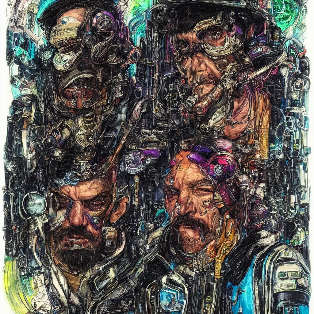 Image similar to A dramatic full-color cyberpunk art nouveau styled bust portrait of lemmy kilmister as a futuristic space punk rebel, hyperdetailed mixed media artwork combining the styles of Travis Charest, Michael Whelan, Bill Sienkiewicz, Duncan Fegredo, Simon Bisley, fineliner illustration, pen and ink drawing, vast power, stoicism, pessimism, confident shaded eyes, tarnished and rusted metal, wrought iron architecture, perfectly symmetrical facial features, 8k, deeply hyperdetailed, cinematic lighting, realistic mechanical details, 8k, UHD, HDR