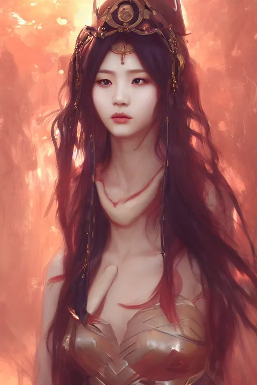 Prompt: A portrait of a female korean model as Ishtar the goddess of love, Stjepan Sejic, Ruan Jia, and Mandy Jurgens, and Artgerm, and william adolphe bouguereau, highly detailed, trending on artstation, award winning