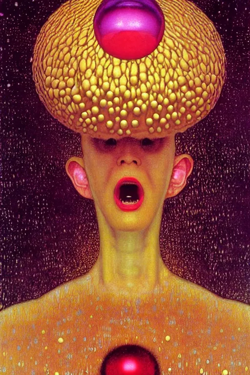 Prompt: 8 0 s close up portait of mushroom head with big mouth surrounded by spheres, rain like a dream oil painting curvalinear clothing cinematic dramatic fluid lines otherworldly vaporwave interesting details epic composition by artgerm rutkowski moebius francis bacon gustav klimt