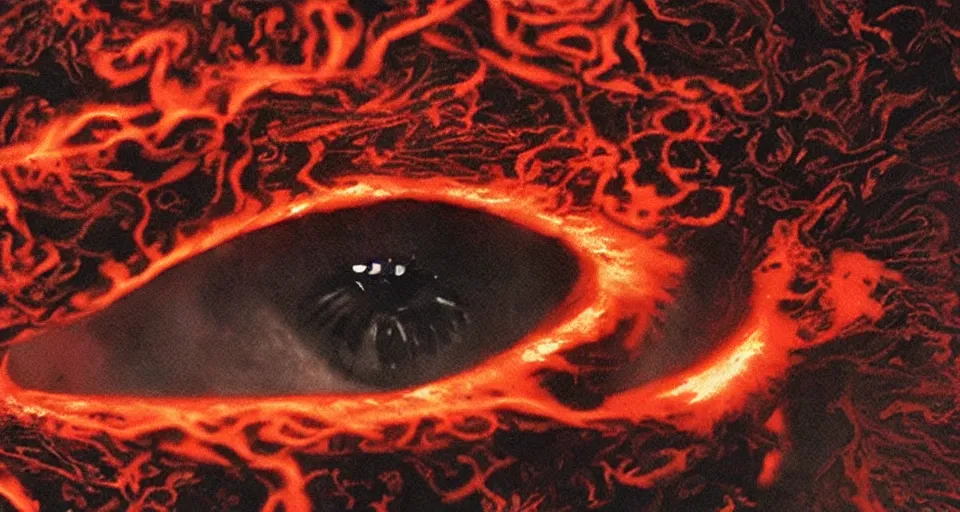 Image similar to a volcano made of ivory vines and crimson rocks enters in eruption, it spits a smoke in the shape of demonic eye, from Berserk