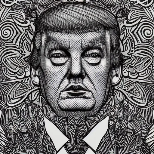 Image similar to Geometrically surreal Trump, extremely high detail, photorealistic, intricate line drawings, dotart, album art in the style of James Jean