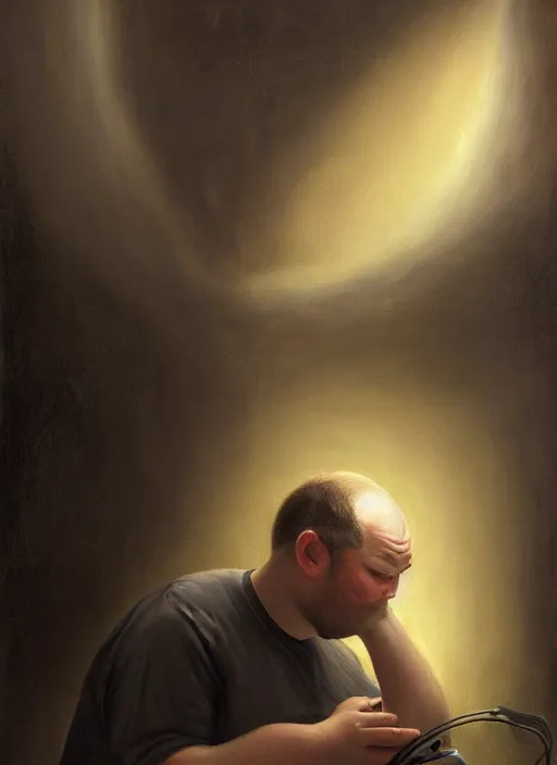 Image similar to insanely detailed chiaroscuro image of a exhausted - looking slightly fat casually - dressed programmer guy on his knees facing his glowing ultrawide computer monitor monitor begging it for forgiveness, oil on canvas, masterwork, fine detail, trending on artstation, emotive, insanely compelling, ryden, koons, moebius