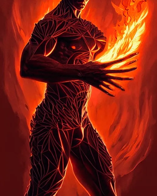 Image similar to A man made of fire, intricate heat distortion designs, elegant, highly detailed, sharp focus, art by Artgerm and Greg Rutkowski and WLOP