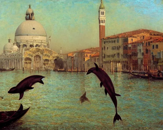 Prompt: dolphins swimming and jumping in venice, painting by gaston bussiere, craig mullins