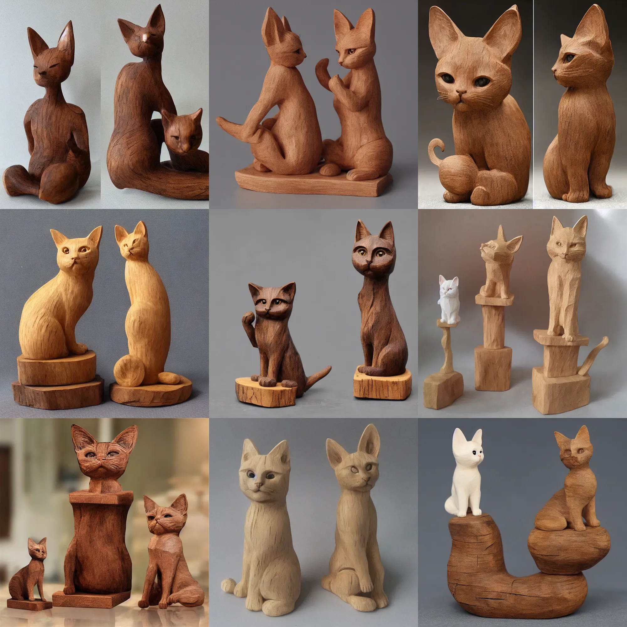 Prompt: realistic a wooden sculpture carving, art toys collection on a pedestal, a very cute figurine cat's ears in a zen rebelle