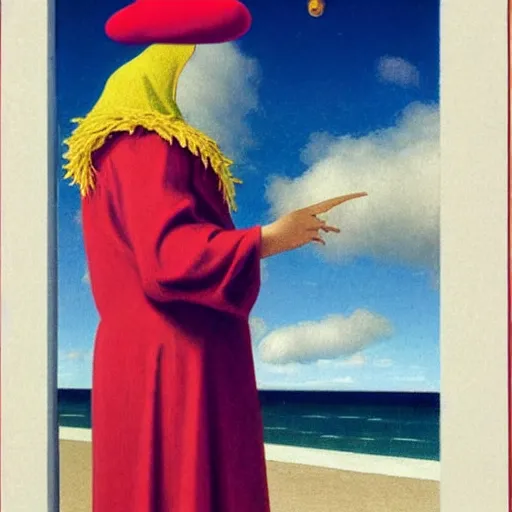 Image similar to An angel with jester hat and clothes on the front of a Balustrade with a beach on the background, major arcana cards, by Rene Magritte, hyperrealistic