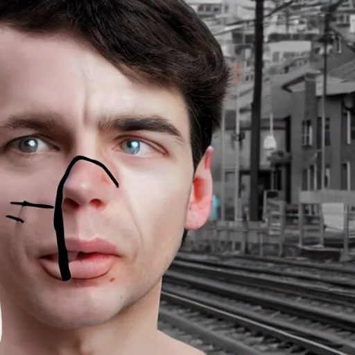 Image similar to train that looks human with human face, hyper realistic