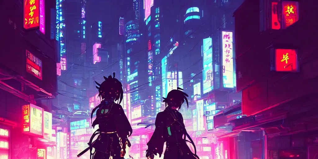 Image similar to digital illustration closeup of cyberpunk samurai in city street at night by makoto shinkai, ilya kuvshinov, lois van baarle, rossdraws, basquiat | afrofuturism, in the style of hearthstone, trending on artstation | cool color scheme