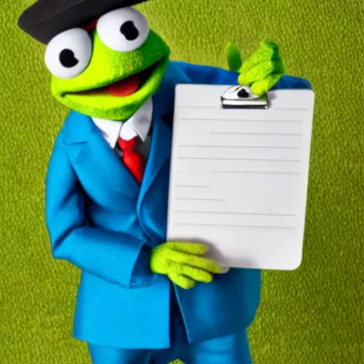 Image similar to skeeter the Muppet holding a clipboard