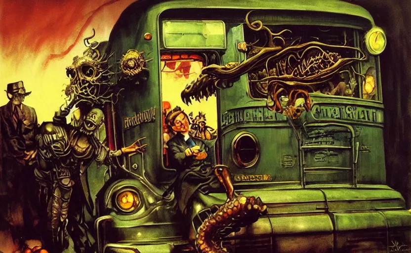 Image similar to cthulhu devouring a steampunk school bus. highly detailed science fiction painting by norman rockwell, frank frazetta, and syd mead. rich colors, high contrast, gloomy atmosphere, dark background. trending on artstation