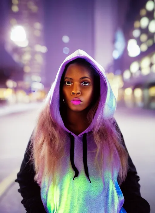 Prompt: A hyper realistic and detailed head portrait photography of curvy raven-hair young woman in a iridescent hoodie on a futuristic street. by Annie Leibovitz. Neo noir style. Cinematic. neon lights glow in the background. Cinestill 800T film. Lens flare. Helios 44m