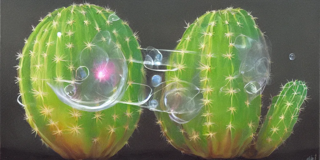 Image similar to soap bubble with a cactus inside it, oil painting