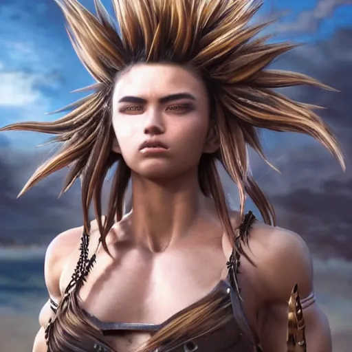 Prompt: warrior girl, muscular girl, wild spiky black saiyan hair, long spiky hair, electrified hair, insane hair, electrical aura, high voltage, ultra realistic, intricate details, highly detailed, subsurface scattering, photorealistic, octane render, 8 k, art by artgerm, greg rutkowski, magali villeneuve, alphonse mucha