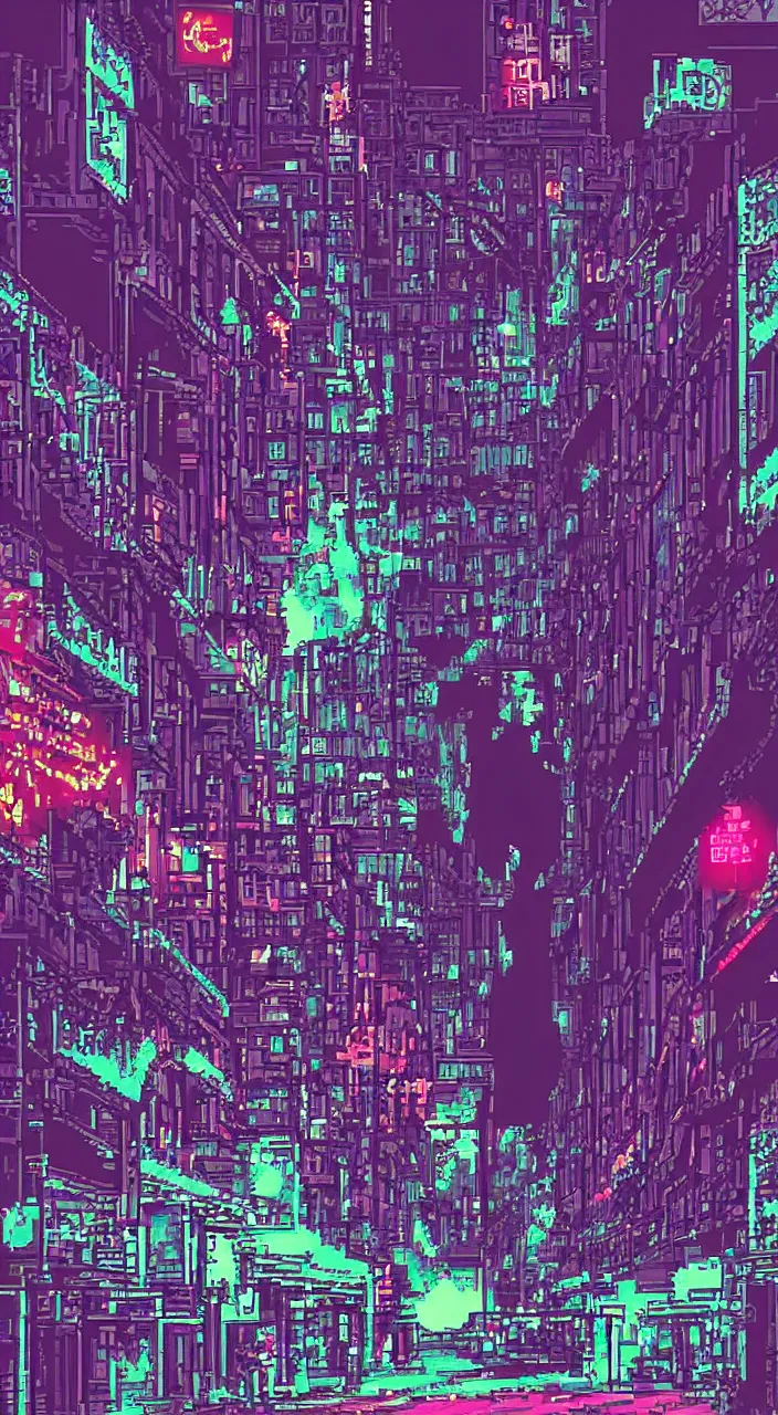 Prompt: a retrowave night street view in pixelart style, highly detailed, illustration
