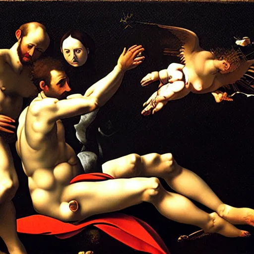 Image similar to the creation of adam by caravaggio with robots