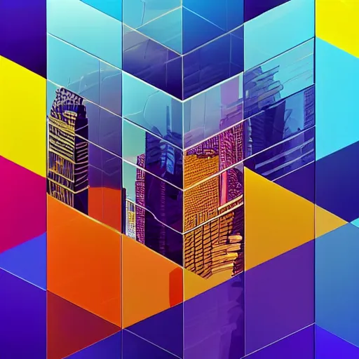 Image similar to a beautiful amazing art of a colorful cityscape resembling pixels reflected in a cube by tom haugomat, serena malyon, maxim shirkov, alex pogrebniak and robin gundersen, trending on artstation, featured on behance.