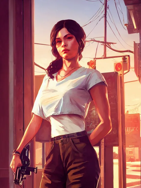 Image similar to portrait of a young female waitress from grand theft auto 5, art by ryo shiotani and greg rutkowski, intricate, beautiful, cute, cinematic lighting, vintage art by serge ivanoff, high resolution, very detailed