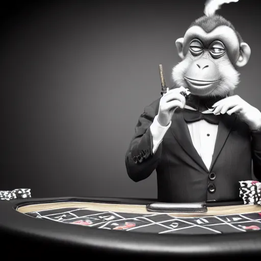 Image similar to monkey in a suit smoking a cigar and playing poker in a casino, 5 0 mm, black and white photo, trending on artstation