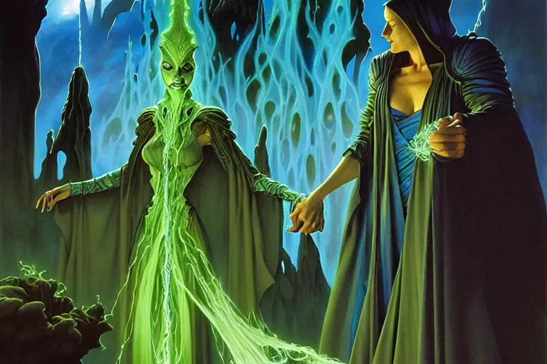 Image similar to the female arcanist and the male artificer by michael whelan and roger dean and brom and hubert robert and greg staples and donato giancola, beautiful, flowing magical robe, highly detailed, hyperrealistic, intricate, energy, electric, blue flame, low light, green crystal, high contrast, old and young, lifelike