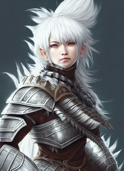 Image similar to warrior, fur - lined heavy armor!!! beautiful and athletic white hair female!! monster hunter!! character concept art, sharp focus, octane render! unreal engine 5! highly rendered!! trending on artstation!! detailed linework!! illustration by artgerm, wlop, and chie yoshii