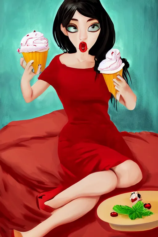 Image similar to cute girl in red dress with black hair and large beautiful eyes consuming ice cream in her bed, digital art