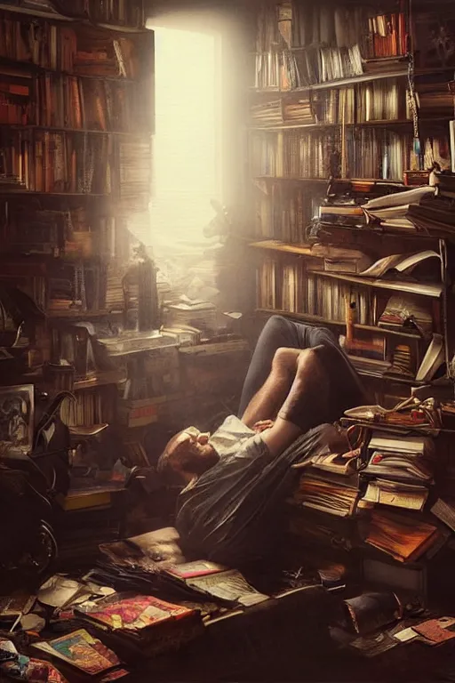 Prompt: a dramatic lighting photo of a guy reading a book in a cluttered messy 9 0 s bedroom, artgerm, tom bagshaw, gerald brom,
