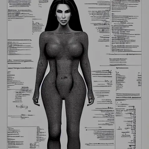 Image similar to full page anatomy scan of kim kardashian detailed, body section, blueprint, mathematics and geometry, post apocalyptic, desaturated, 8K matte, good lighting,