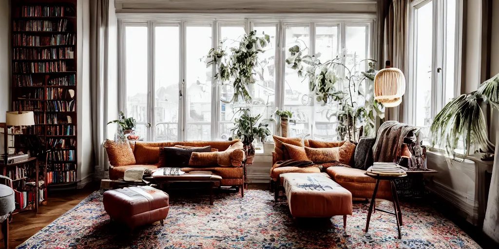 Prompt: insanely detailed wide angle photograph, depth of focus blur, bokeh, atmospheric, award winning interior design living room, dusk, cozy and calm, fabrics and textiles, colorful accents, brass, copper, secluded, many light sources, lamps, hardwood floors, book shelf, library, couch, desk, balcony door, plants