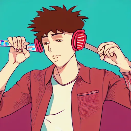 Image similar to a portait of young man holding a spoon while listening to music, logo, high detail, in a style of anime