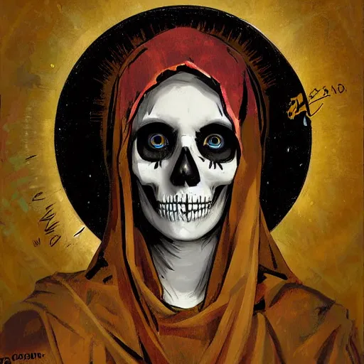 Image similar to painting of the virgin mary skull face by greg rutkowski and jc leyendecker with graffiti pop art