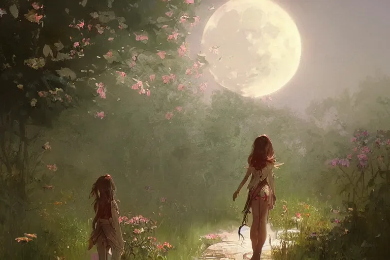 Image similar to a beautiful painting of garden, moon, girl, by greg rutkowski, trending on artstation