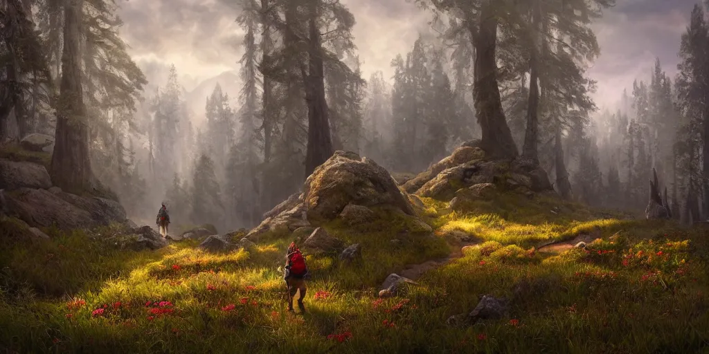 Prompt: a hiker with backpack hikes through a fantasy giant mushroom forest, first light, mountains, meadow, wildflowers, heard of elk, clouds, dramatic lighting, sunrise, by greg rutkowski and jeffrey smith, trending on artstation