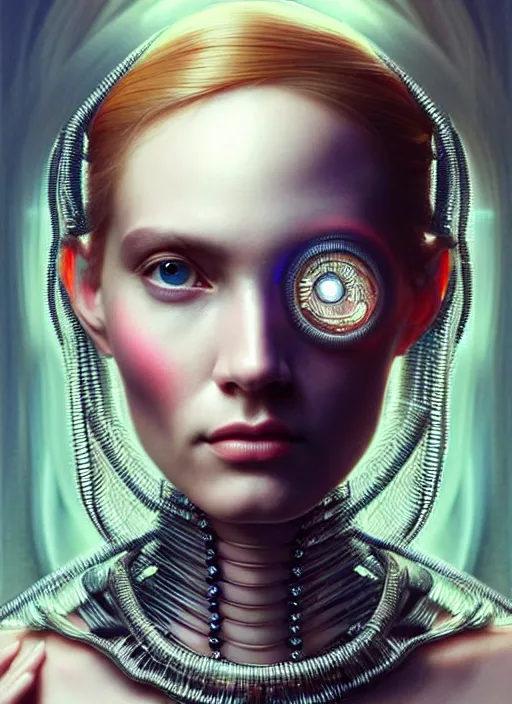 Prompt: a highly detailed photo of very intricate female face full - length portrait, futurism, rococo cyber tattoo lighting, detailed futuristic fibonacci jewelry, profile posing, hyper photorealistic, crispy quality, digital photography, trending in pinterest, cinematic, 4 k ultra hd, art by pascal blanche, art by greg rutkowski, art by artgerm,