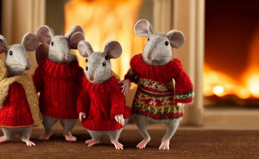 Prompt: a mouse family sitting in front of a cozy christmas fireplace wearing woolen sweater, cinematic lighting, dark atmosphere