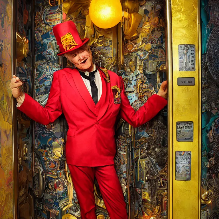 Image similar to professional octane render portrait by wayne barlow and carlo crivelli and glenn fabry, a flamboyant man in a bright colorful saturated wes anderson elevator operator costume inside a dark and moody vintage elevator in a high - end exotic vintage boutique hotel, very short depth of field, bokeh, gears of war