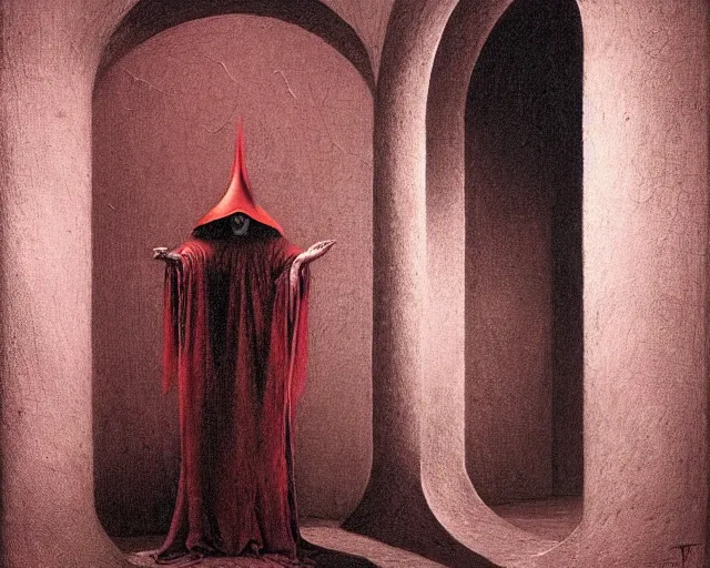 Image similar to lamprey by francis bacon, beksinski, mystical redscale photography evocative. devotion to the scarlet woman in her cathedral, priestess in a conical hat, coronation, ritual, sacrament