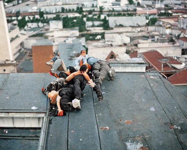 Image similar to lomo photo of roofjumpers climbing on roof of soviet hrushevka, small town, cinestill, bokeh, out of focus