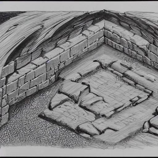 Image similar to isometric view of cave entrance, lineart