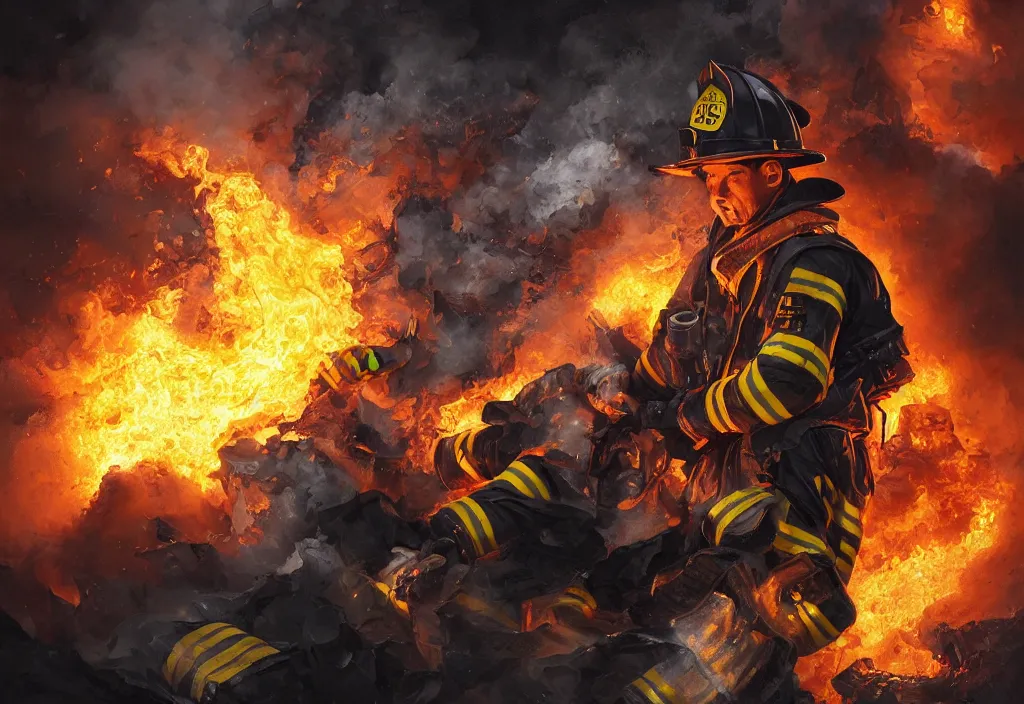 Image similar to one heroic firefighter in action in black and yellow uniform, fire flames, sharp details, sharp focus, realistic, highly detailed, illustration, by yerbol bulentayev and murat gul and pablo olivera and greg rutkowski