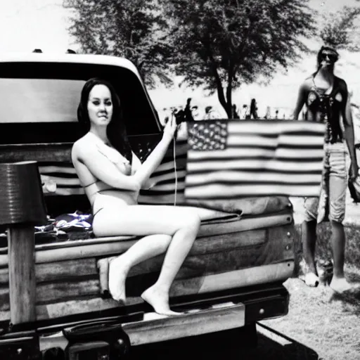 Image similar to photo of woman in the back of a pickup truck wearing bikinis drinking beer waving the american flag. sigmund freud is also in the back.