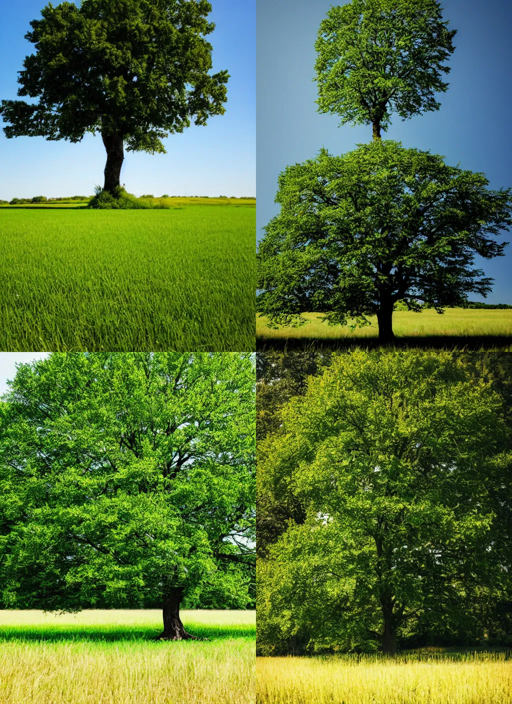 Prompt: a lone oak tree in a grass field in summer. centered in frame.