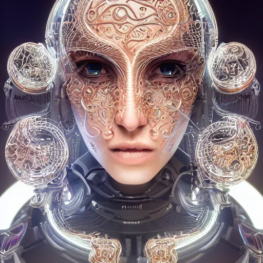 Image similar to woman integrating with technology, full face, detailed intricate ornate cables connected to head, big open electric eyes, luxurious detailed abundent wiring and implants, diamonds, sci-fi, neon, emeralds, detailed technology full background, highly detailed, artstation, Rene Lalique and Eddie Mendoza