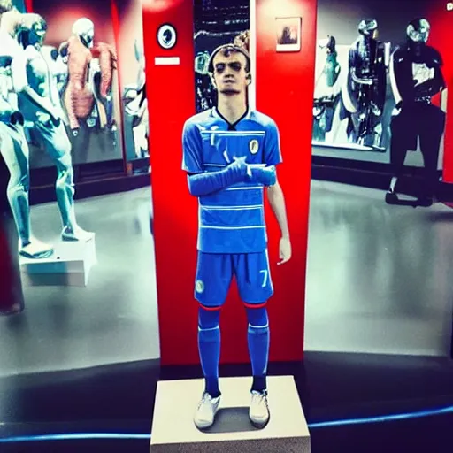 Image similar to “ a realistic detailed photo of a guy who is an attractive humanoid who is half robot and half humanoid, who is a male android, soccer player antoine griezmann, shiny skin, posing like a statue, blank stare, at the museum, on display ”