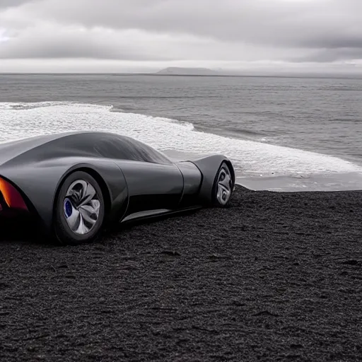 Prompt: a concept car cruising on the black sand beach of iceland