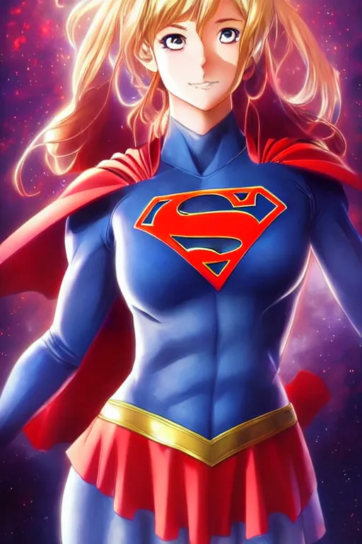 Image similar to anime key visual of a beautiful female supergirl!! intricate, red, blue gold suit, powers, speed, dc comics, cinematic, stunning, highly detailed, digital painting, artstation, smooth, hard focus, illustration, art by artgerm and greg rutkowski and alphonse mucha